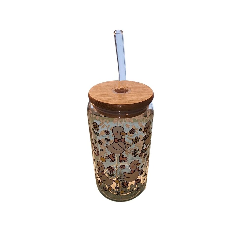 Handmade Glass Tumbler With Bamboo Lid & Straw - Spring Goose Roller Skating